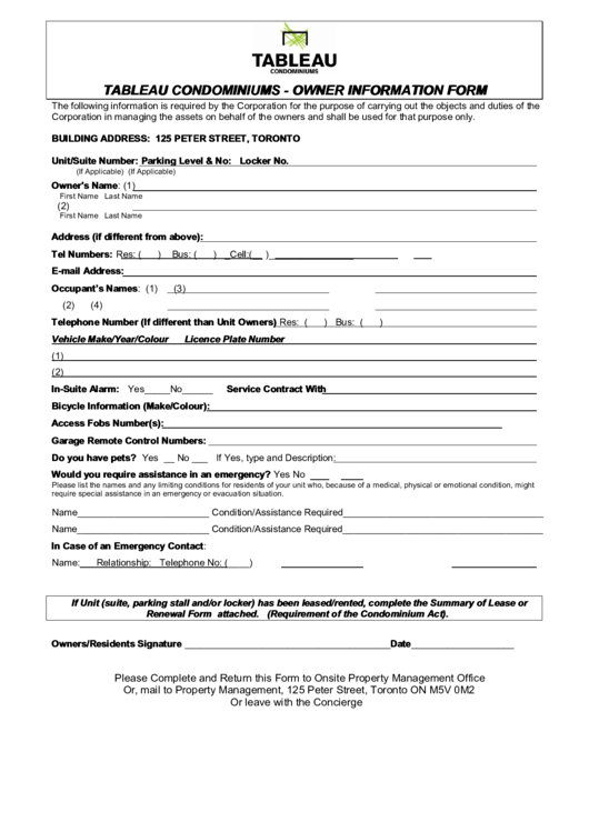 Tableau Condominiums - Owner Information Form