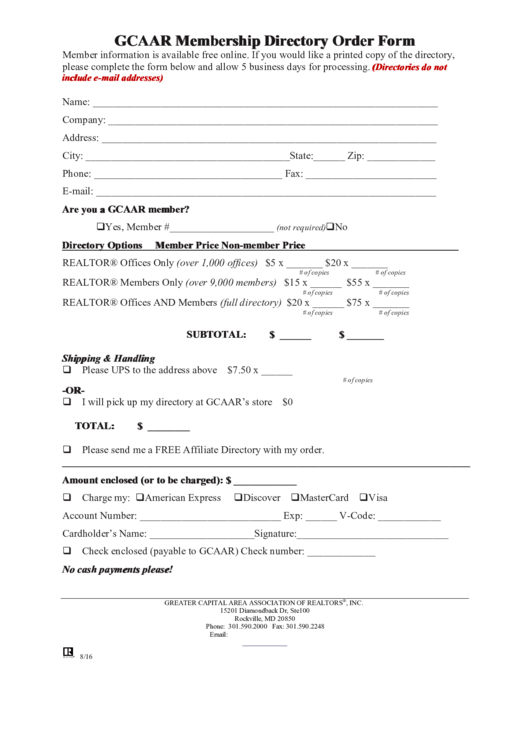 Gcaar Membership Directory Order Form Printable pdf