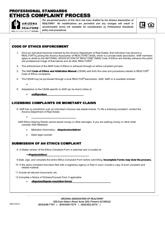 Fillable Ethics Complaint Process Professional Standards Printable pdf
