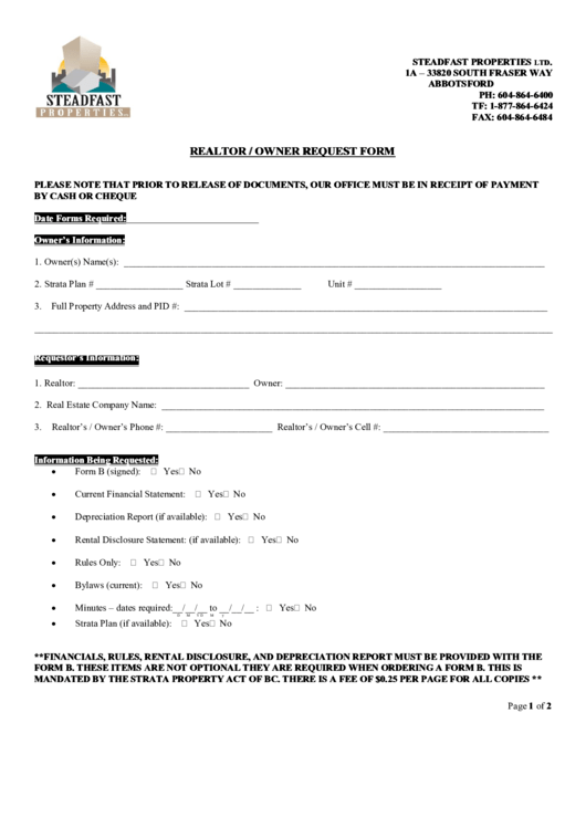 Realtor / Owner Request Form Printable pdf