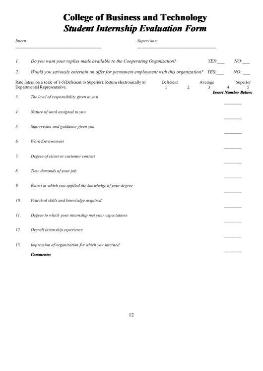 Fillable College Of Business And Technology Student Internship Evaluation Form Printable pdf