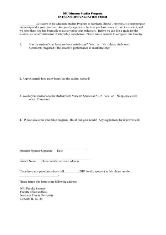Niu Museum Studies Program Internship Evaluation Form Printable pdf