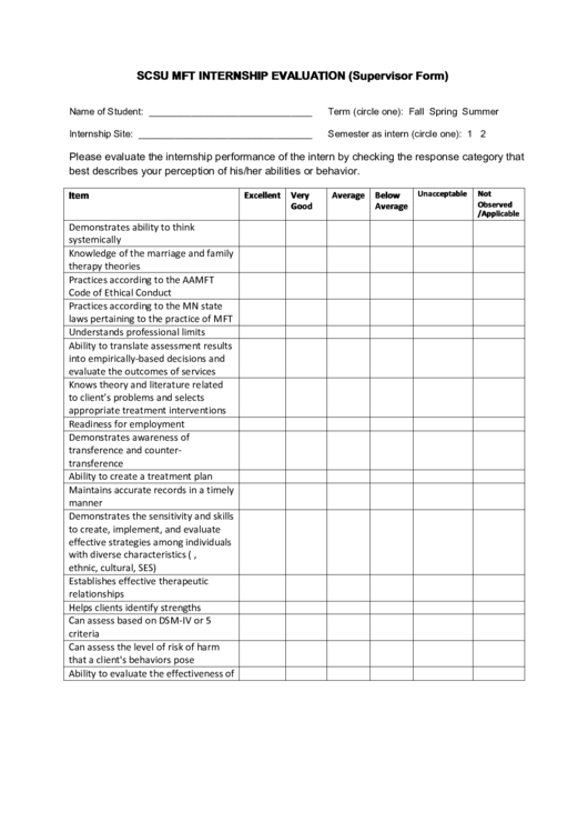 Scsu Mft Internship Evaluation (Supervisor Form) Printable pdf