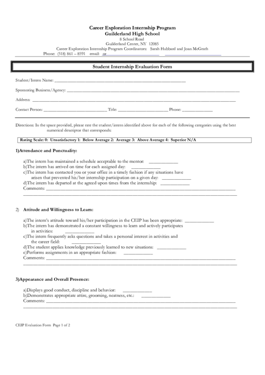 Student Internship Evaluation Form Printable pdf