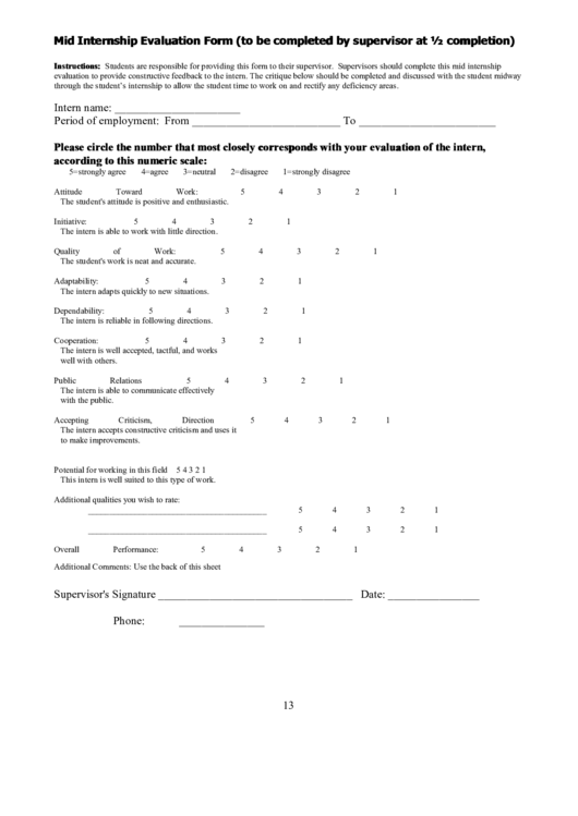 Mid Internship Evaluation Form Printable pdf