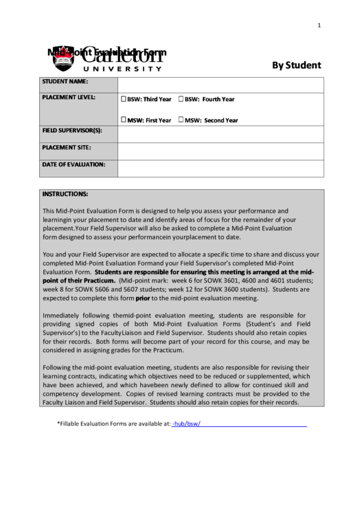 Fillable Mid-Point Evaluation Form By Student Printable pdf