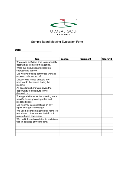 Sample Board Meeting Evaluation Form Printable pdf