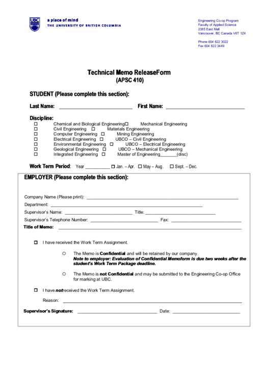 Form Apsc 410 - Technical Memo Release Printable pdf