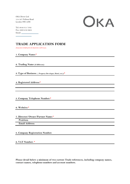 Fillable Trade Application Form Printable pdf