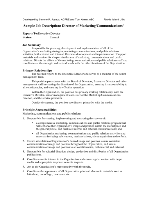 Fillable Sample Job Description: Director Of Marketing/communications/p.r. Printable pdf