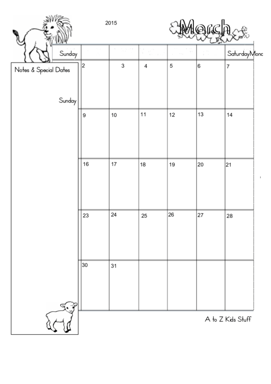 Fillable Blank March Calendar Template Printable pdf