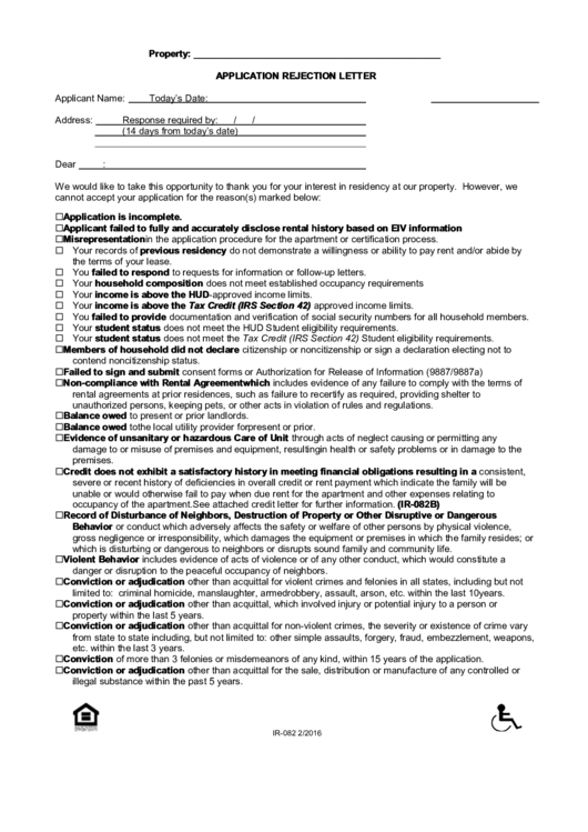 Application Rejection Letter Template - Interstate Realty Management Company Printable pdf