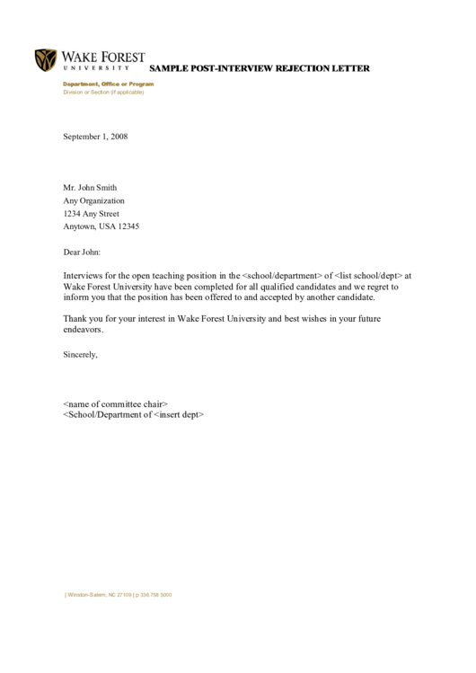 Sample Post-Interview Rejection Letter Template Printable pdf