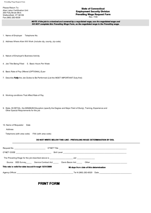 State Of Connecticut Employment Security Division Prevailing Wage Request Form