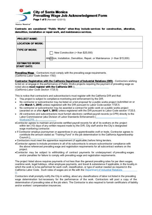 Prevailing Wage Job Acknowledgment Form