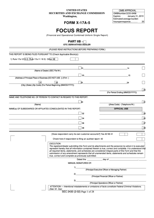 Form X-17a-5 - Focus Report (United States Securities And Exchange Commission) Printable pdf