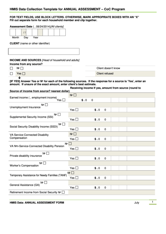 Hmis Data Collection Template For Annual Assessment - Coc Program Printable pdf