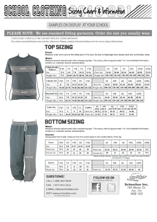 Schooltee School Clothing Sizing Chart Printable pdf