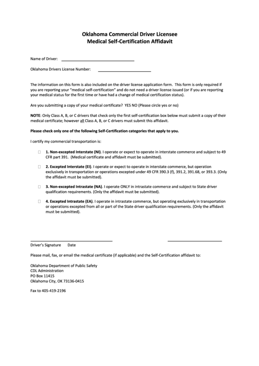 Oklahoma Commercial Driver Licensee Medical Self-Certification Affidavit Printable pdf