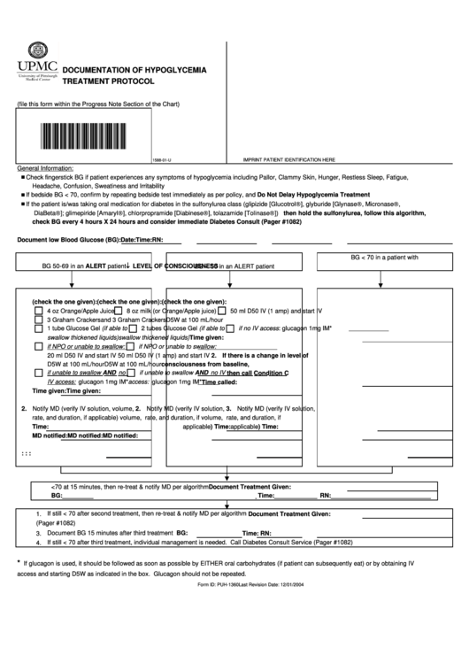 Fillable Hypoglycemia Treatment Protocol Documentation Form Printable pdf