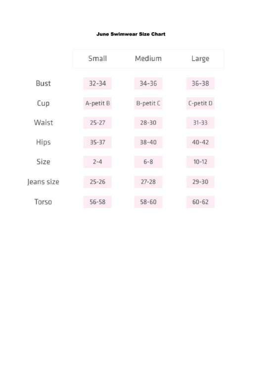 June Swimwear Size Chart Printable pdf