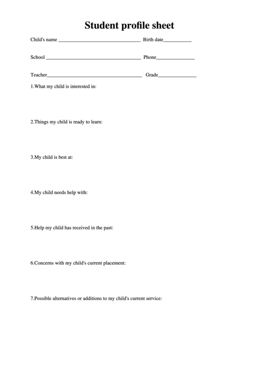 Student Profile Sheet Printable pdf