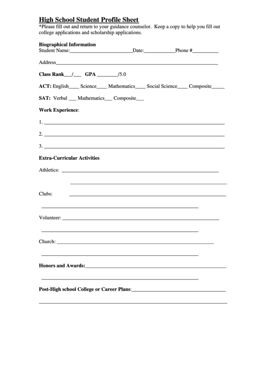 High School Student Profile Sheet Printable pdf