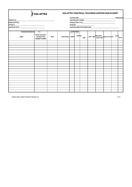 Fillable Sag-Aftra Theatrical Television Audition Sign-In Sheet Printable pdf