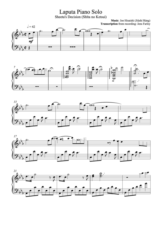 Laputa Piano Solo Sheet Music Printable pdf