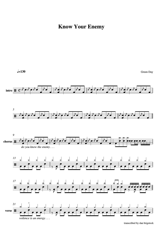 Know Your Enemy Green Day Sheet Music Printable pdf