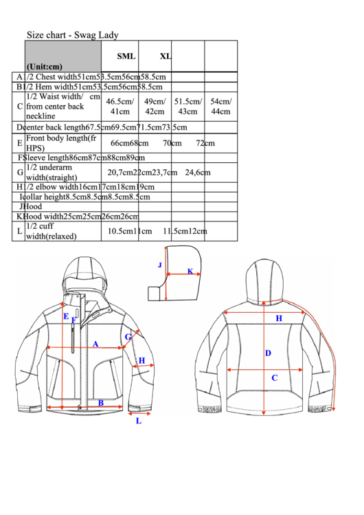 Swag Lady Jacket Size Chart Printable pdf