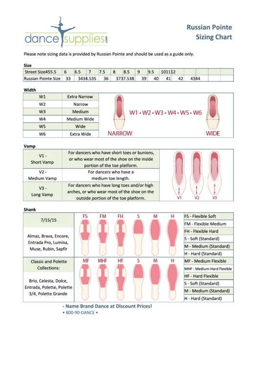 Russian Pointe Sizing Chart Printable pdf