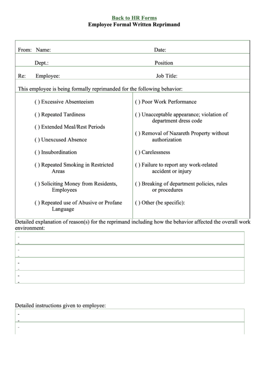 Employee Formal Written Reprimand Printable pdf