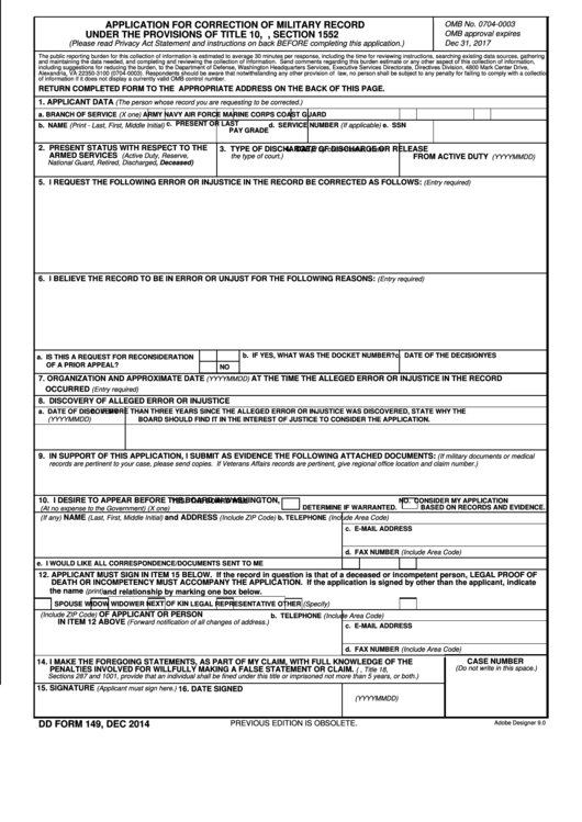 Fillable Dd Form 149 - Application For Correction Of Military Record Printable pdf