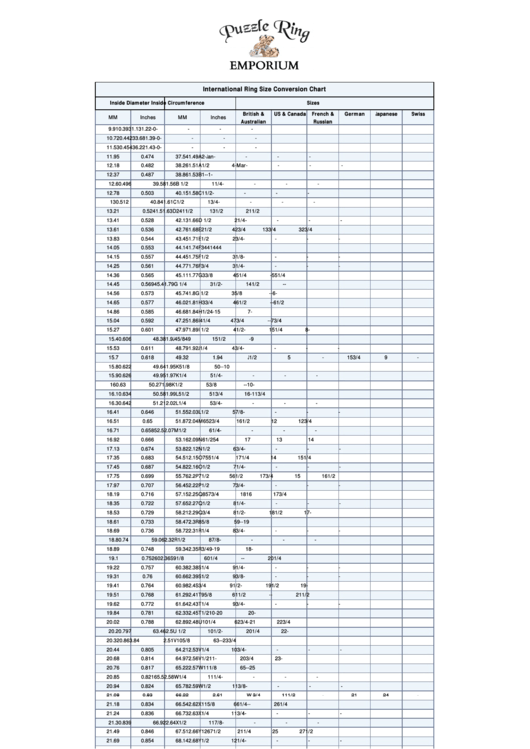 International Ring Size Chart Printable pdf