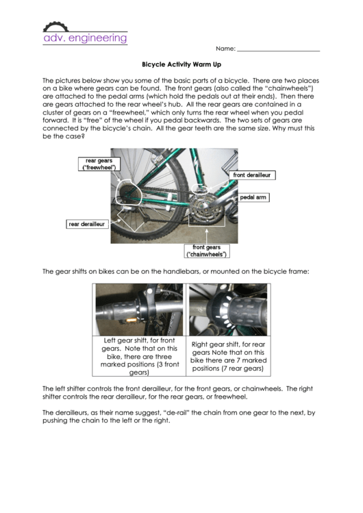 Bicycle Warm Up Avctivity Printable pdf