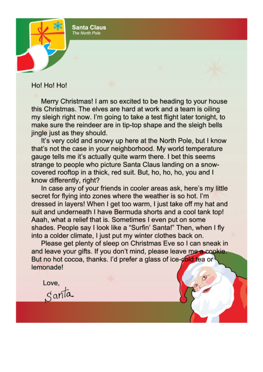 Hot Climate Santa Letter Template Printable pdf