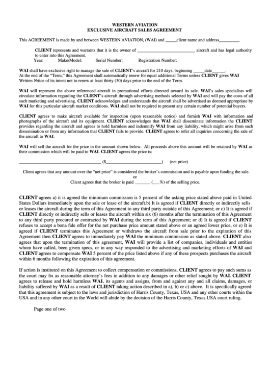 Exclusive Aircraft Sales Agreement Printable pdf