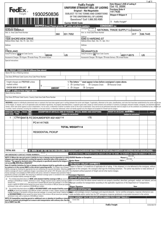 Form Co202/509-Fxf - Fedex Uniform Straight Bill Of Lading Printable pdf