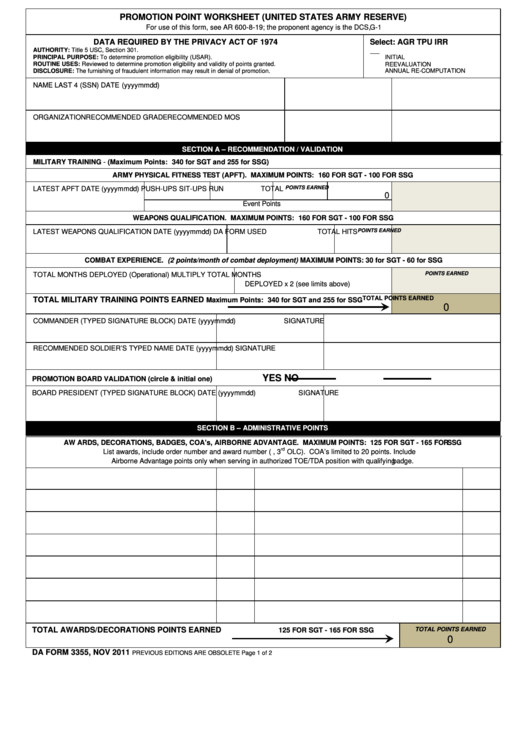 Fillable Da Form 3355 - Promotion Point Worksheet (United States Army Reserve) Printable pdf