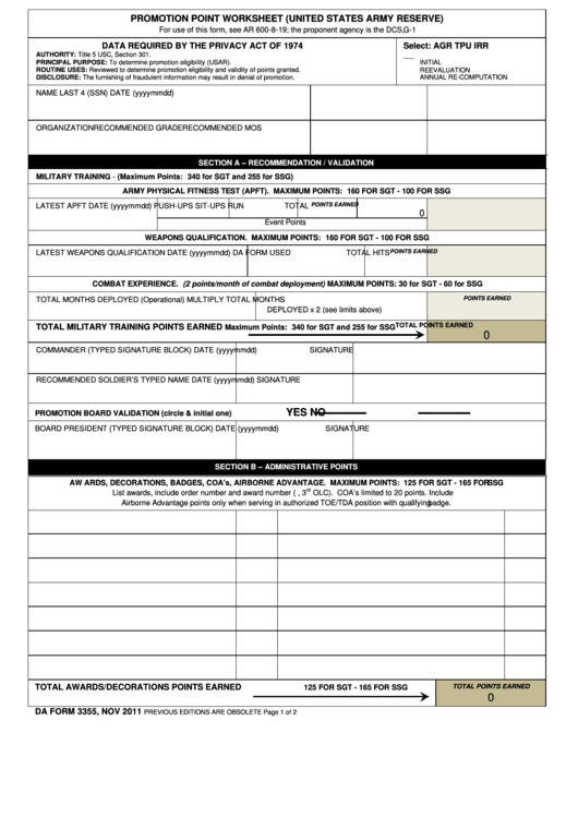 Fillable Da Form 3355 - Promotion Point Worksheet (United States Army