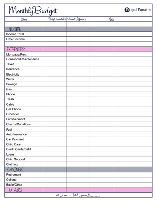 Monthly Budget Template Printable pdf