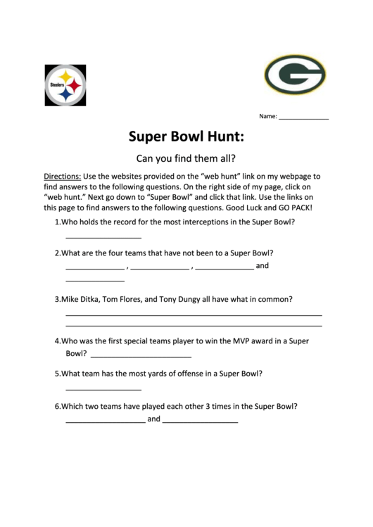 Super Bowl Web Hunt Worksheet Printable pdf