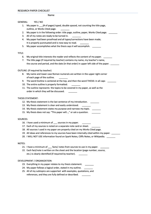 research paper checklist high school