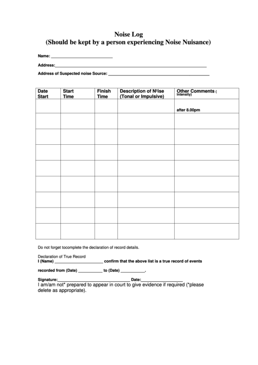 Noise Log Record Form Printable pdf