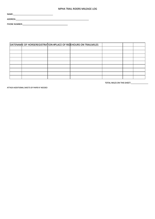 Horse Mileage Log Sheet Printable pdf