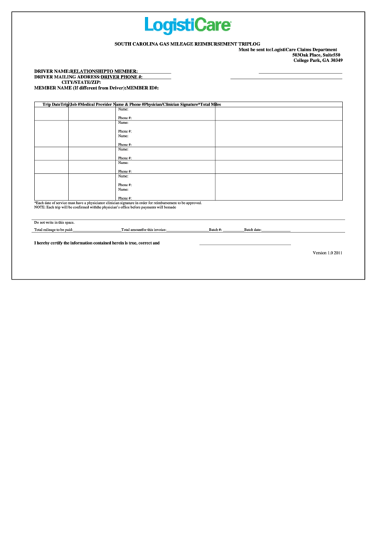 South Carolina Gas Mileage Reimbursement Trip Log Template Printable 