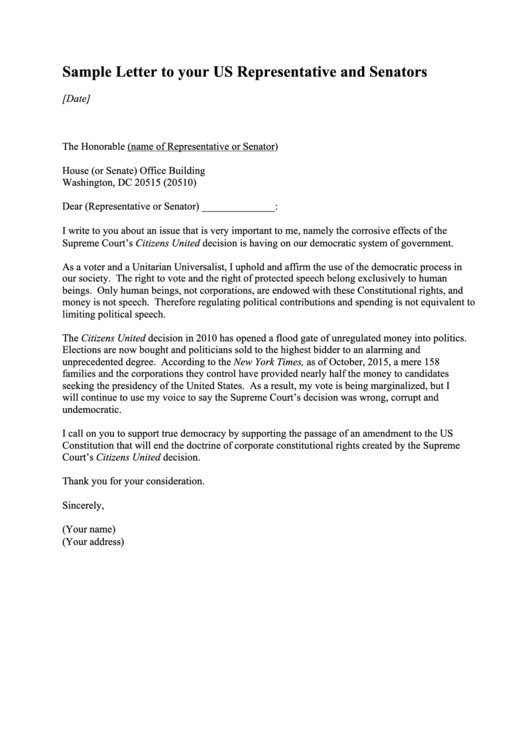 Sample Letter To Your Us Representative And Senators Template Printable pdf
