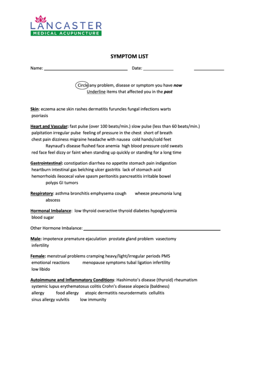 Symptom Checklist Template Printable pdf
