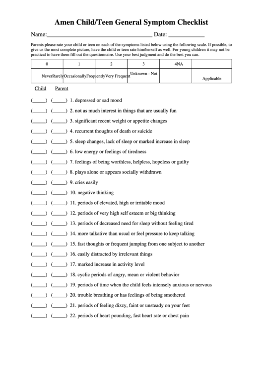 Amen Child/teen General Symptom Checklist Printable pdf